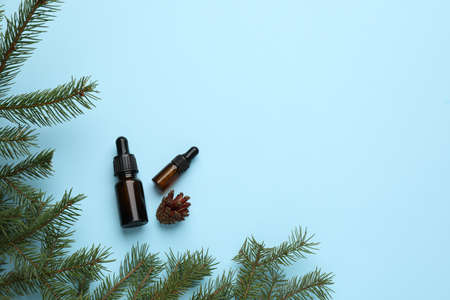 Bottles of essential oil, fir branches and cone on light blue background, flat lay. Space for textの写真素材