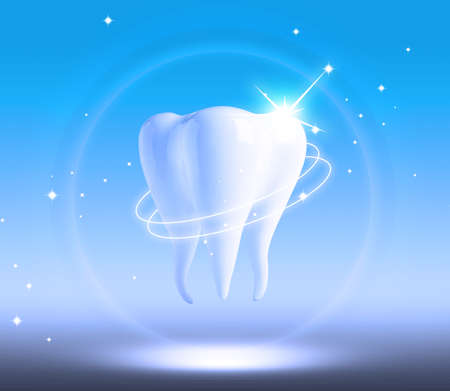 Tooth model with glowing on light blue background. Dental careの写真素材