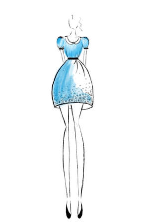 Fashion sketch. Model wearing stylish dress on white background, illustrationの写真素材