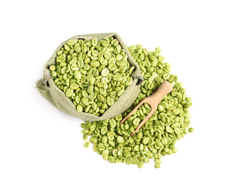 Sackcloth bag with green coffee beans on white background, top viewの写真素材