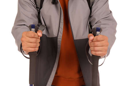 Man with trekking poles on white background, closeup