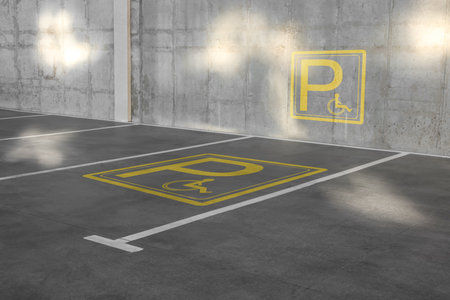 Car parking lot with white marking lines and wheelchair symbol outdoorsの写真素材