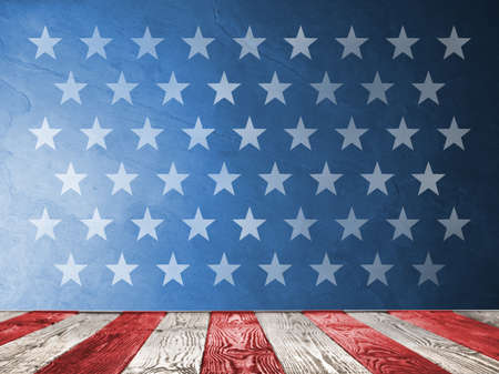 4th of July - USA Independence Day. Red and white striped wooden surface on blue background with stars, space for designの写真素材