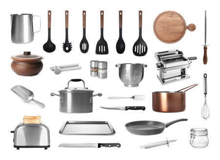 Set with different kitchenware on white background
