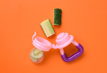 Nibbler with fresh cucumber on orange background, flat lay. Baby feeder
