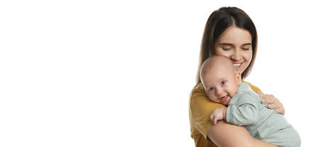 Beautiful mother with her cute baby on white background. Banner designの写真素材