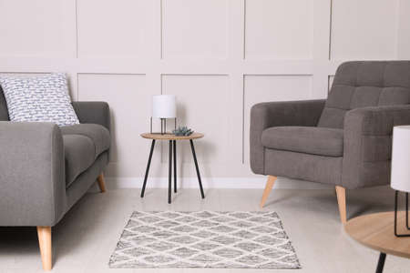 Stylish living room interior with gray rug and comfortable furnitureの写真素材