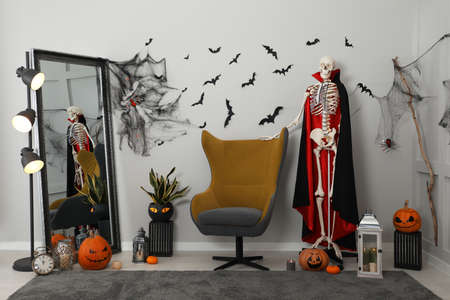 Modern room decorated for Halloween. Festive interiorの写真素材