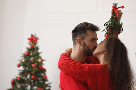 Happy couple kissing under mistletoe bunch in room decorated for Christmasの写真素材