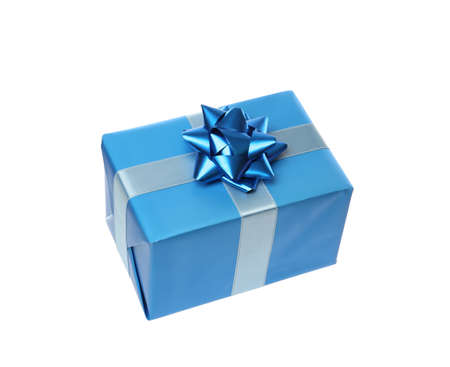 Light blue gift box with bow isolated on whiteの写真素材