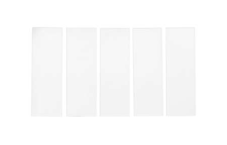 Row of microscope slides on white background, top view
