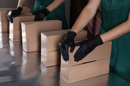 People packing cardboard boxes at production line, closeupの写真素材