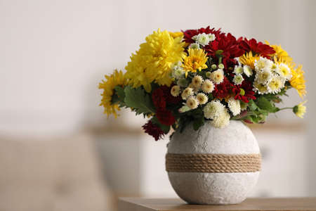 Bouquet of beautiful chrysanthemum flowers on table in room, space for text