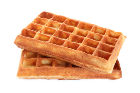 Two delicious Belgian waffles on white backgroundの写真素材
