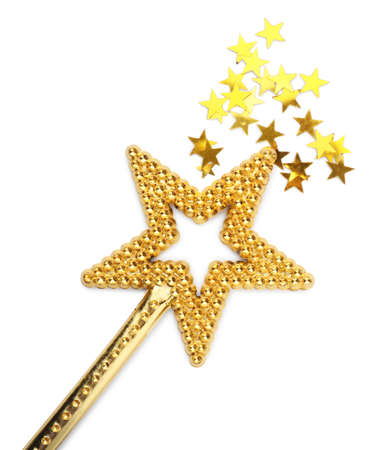 Beautiful golden magic wand with confetti on white background, top viewの写真素材