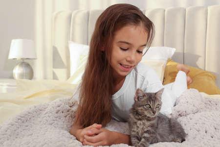Cute little girl with kitten on white blanket at home. Childhood petの写真素材