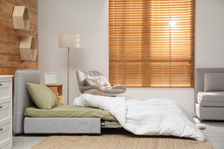 Room interior with sleeper sofa near wooden wall. Additional place for guestの写真素材