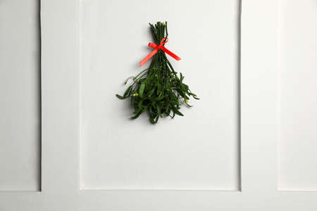 Mistletoe bunch with red bow hanging on light gray wall. Traditional christmas decorの写真素材