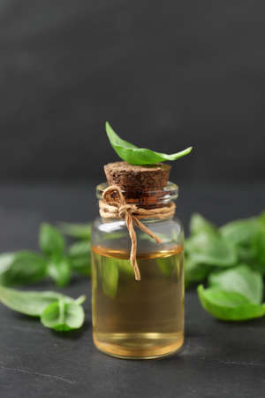 Bottle of essential basil oil and fresh leaves on dark gray tableの写真素材