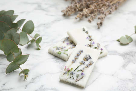 Composition with scented sachets on white marble tableの写真素材