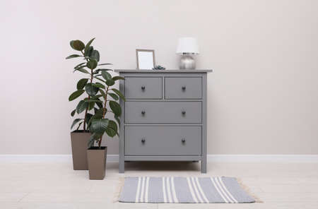 Stylish room interior with gray rug, chest of drawers and plantsの写真素材