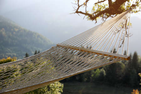 Comfortable net hammock in mountains on sunny day, closeupの写真素材