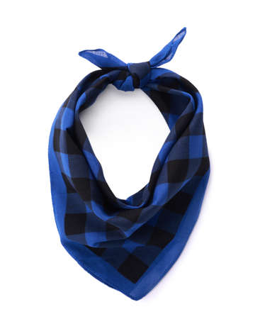 Tied blue bandana with check pattern isolated on white, top viewの写真素材