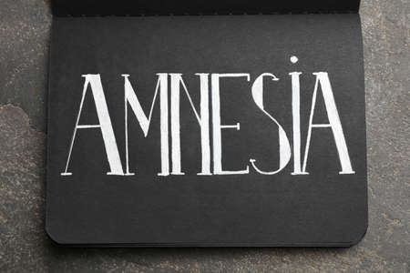 Notebook with word Amnesia on gray table, top viewの写真素材