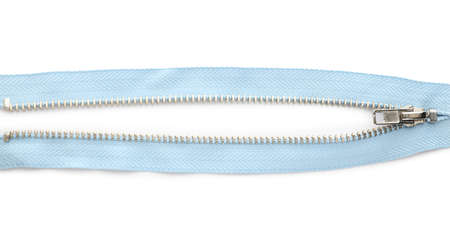 Light blue zipper on white background, top viewの写真素材