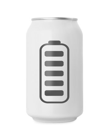 Can of energy drink with picture of fully charged battery on white backgroundの写真素材