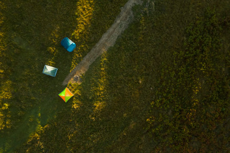 Aerial view of camping tents and bonfire on green meadowの写真素材
