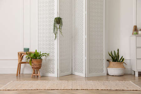 Folding screen and beautiful houseplants near white wall in room. Interior designの写真素材