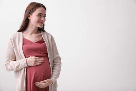 Beautiful young pregnant woman on light background. Space for text