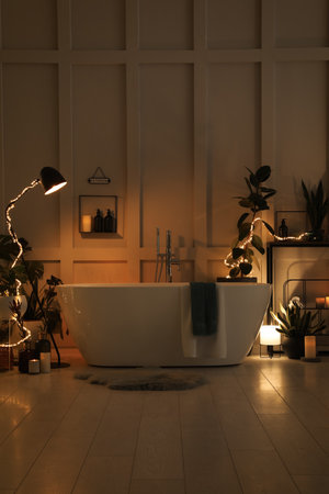 Stylish bathroom interior with houseplants and string lights. Home designの写真素材