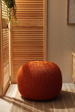 Stylish comfortable pouf in room. Home designの写真素材