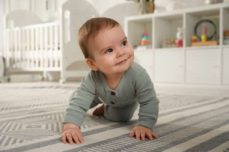 Cute baby crawling on floor at homeの写真素材
