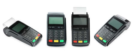 Set with modern payment terminals on white background. Banner designの写真素材