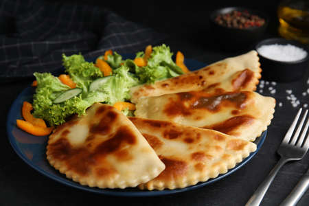Delicious fried chebureki with vegetables served on black tableの写真素材