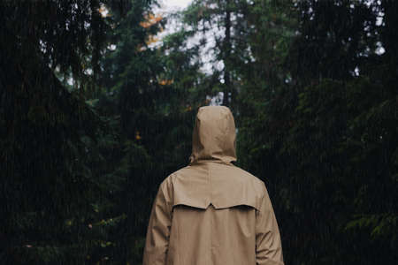 Woman with raincoat in forest under rain, back viewの写真素材