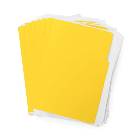 Stack of yellow files with documents on white background, top view