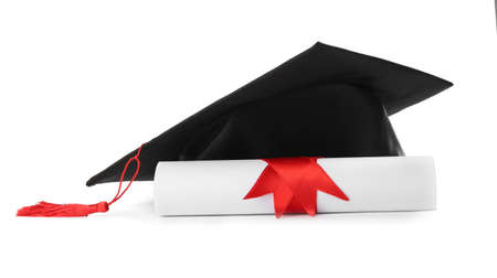 Graduation hat and diploma on white backgroundの写真素材