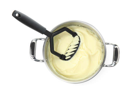 Pot of freshly cooked homemade mashed potatoes on white background, top viewの写真素材