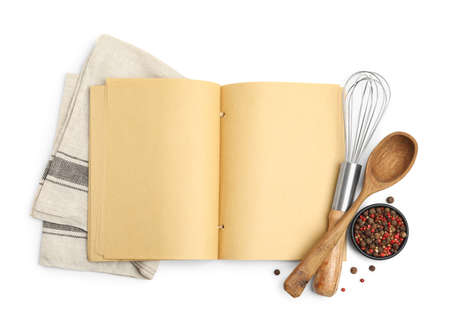 Blank recipe book, spices, napkin and kitchen utensils on white background, top view. Space for textの写真素材