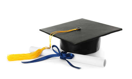 Graduation hat and diploma on white backgroundの写真素材