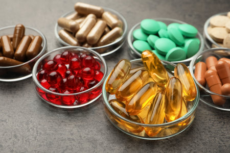 Different dietary supplements in glass bowls on gray tableの写真素材
