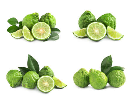 Set with fresh ripe bergamot fruits on white background