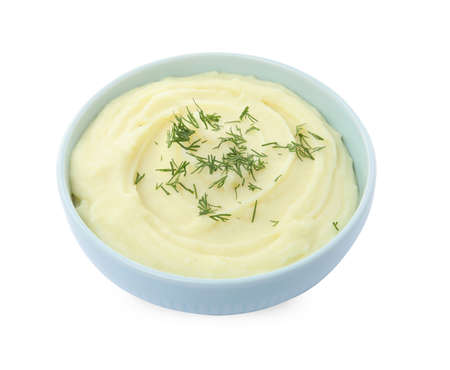 Bowl with freshly cooked homemade mashed potatoes isolated on whiteの写真素材