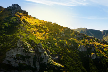 Beautiful mountain landscape with cliffs on sunny day. Drone photographyの写真素材