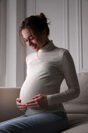 Young pregnant woman sitting on sofa at home