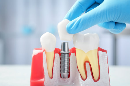 Dentist putting crown onto abutment of dental implant between teeth on blurred background, closeupの写真素材